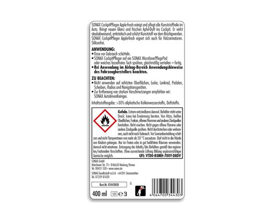 Автополироль Sonax Cockpitpfleger - apple-fresh 400 мл (344300), изображение 2 Автополироль Sonax Cockpitpfleger - apple-fresh 400 мл (344300), изображение 2