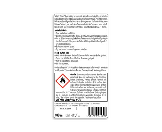 Автомобільний очисник Sonax Reifenpfleger 400 мл (435300), зображення 3 Автомобільний очисник Sonax Reifenpfleger 400 мл (435300), зображення 3