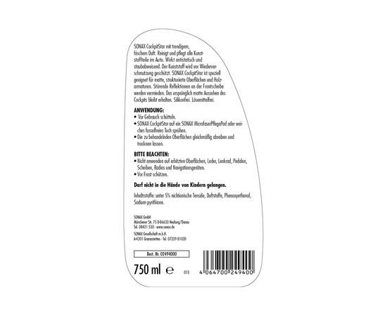 Автомобільний очисник Sonax пластику матовий CockpitStar 750 мл (249400), зображення 2 Автомобільний очисник Sonax пластику матовий CockpitStar 750 мл (249400), зображення 2