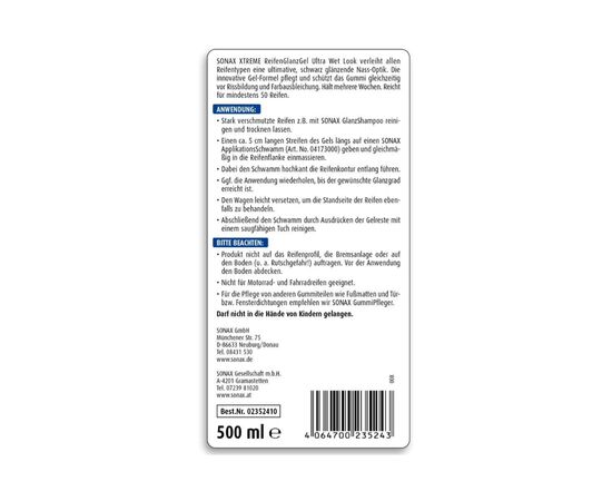 Автомобільний очисник Sonax шин глянцеве XTREME Reifen Glanzgel 500 мл (235241), зображення 5 Автомобільний очисник Sonax шин глянцеве XTREME Reifen Glanzgel 500 мл (235241), зображення 5