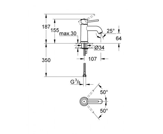 Смеситель Grohe BauClassic OHM basin smooth body (23162000), изображение 2 Смеситель Grohe BauClassic OHM basin smooth body (23162000), изображение 2