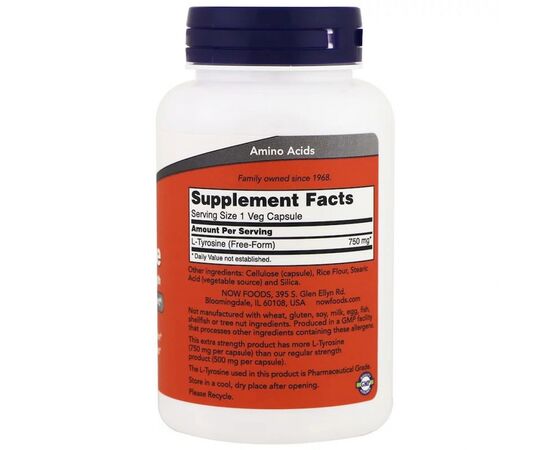 Аминокислота Now Foods L-Тирозин, L-Tyrosine, 750 мг, 90 вегетарианских капсул (NOW-00165), изображение 2 Аминокислота Now Foods L-Тирозин, L-Tyrosine, 750 мг, 90 вегетарианских капсул (NOW-00165), изображение 2