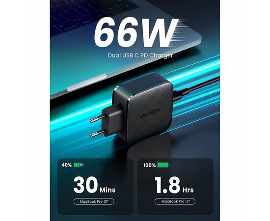 Зарядное устройство Ugreen CD216 66W 2xType-C PD Charger (Black) (70867), изображение 2 Зарядное устройство Ugreen CD216 66W 2xType-C PD Charger (Black) (70867), изображение 2