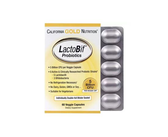 Пробіотики California Gold Nutrition Пробіотик LactoBif, Probiotics, 5 млрд КУО, 60 овочевих капс (CGN-00963)