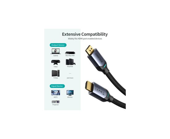 Кабель мультимедійний HDMI to HDMI 2.0m V.2.1 8K 60Hz HDR10 HLG 48Gbps YUV 444 Choetech (XHH01-BK), зображення 5 Кабель мультимедійний HDMI to HDMI 2.0m V.2.1 8K 60Hz HDR10 HLG 48Gbps YUV 444 Choetech (XHH01-BK), зображення 5