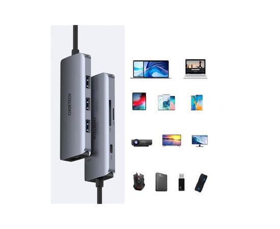 Концентратор Choetech USB-C 7-in-1 (HDMI/PD/CR/USB-A/USB-C) alum (HUB-M19-GY), изображение 3 Концентратор Choetech USB-C 7-in-1 (HDMI/PD/CR/USB-A/USB-C) alum (HUB-M19-GY), изображение 3