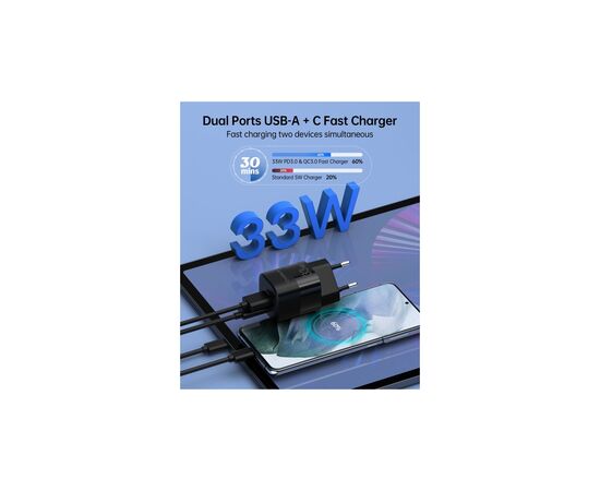 Зарядное устройство Choetech GaN USB-A/USB-C 33W QC3.0/PD/PPS (PD5006-EU-BK), изображение 3 Зарядное устройство Choetech GaN USB-A/USB-C 33W QC3.0/PD/PPS (PD5006-EU-BK), изображение 3