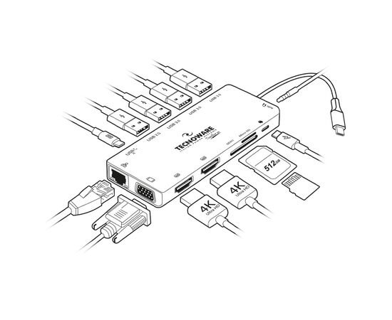 Порт-реплікатор TECNOWARE Dock Station USB TYPE-C 13 in 1 Adapter HUB (FHUB17692), зображення 3 Порт-реплікатор TECNOWARE Dock Station USB TYPE-C 13 in 1 Adapter HUB (FHUB17692), зображення 3