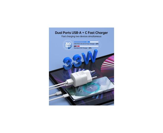 Зарядное устройство Choetech GaN USB-A/USB-C 33W QC3.0/PD/PPS (PD5006-EU-WH), изображение 4 Зарядное устройство Choetech GaN USB-A/USB-C 33W QC3.0/PD/PPS (PD5006-EU-WH), изображение 4
