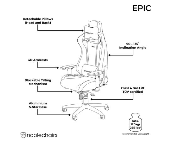 Крісло ігрове Noblechairs Epic Series Real Leather Black (NBL-RL-BLA-001), зображення 9 Крісло ігрове Noblechairs Epic Series Real Leather Black (NBL-RL-BLA-001), зображення 9