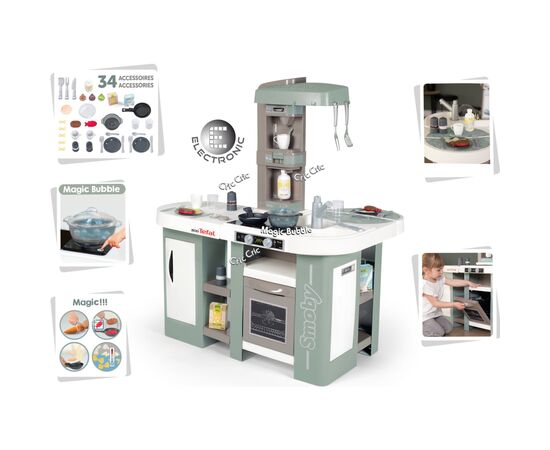Игровой набор Smoby Большая интерактивная кухня Тефаль Студио с эффектом кипения 34 аксессуара Мятно-серая с белым (311053), изображение 2