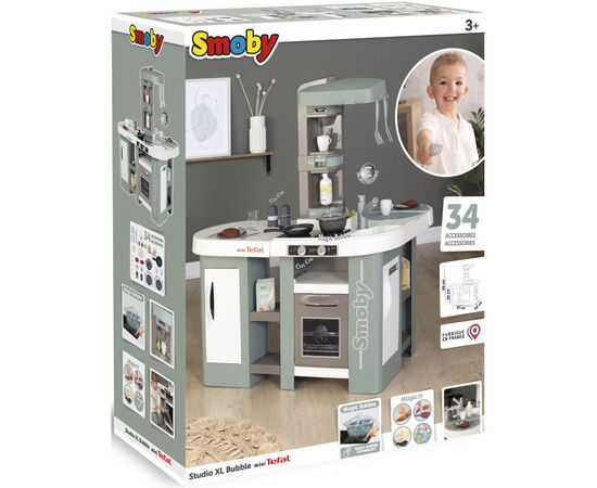 Игровой набор Smoby Большая интерактивная кухня Тефаль Студио с эффектом кипения 34 аксессуара Мятно-серая с белым (311053), изображение 7