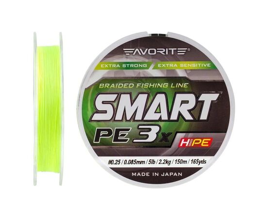 Шнур Favorite Smart PE 3x 150м 0.25/0.085mm 5lb/2.2kg Fl.Yellow (1693.10.52), зображення 2 Шнур Favorite Smart PE 3x 150м 0.25/0.085mm 5lb/2.2kg Fl.Yellow (1693.10.52), зображення 2