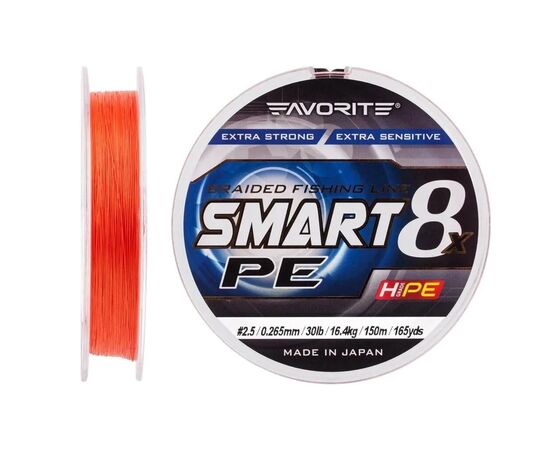 Шнур Favorite Smart PE 8x 150м 2.5/0.265mm 30lb/16.4kg Red Orange (1693.10.86), изображение 2 Шнур Favorite Smart PE 8x 150м 2.5/0.265mm 30lb/16.4kg Red Orange (1693.10.86), изображение 2
