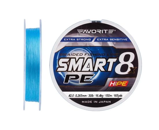 Шнур Favorite Smart PE 8x 150м 2.5/0.265mm 30lb/16.4kg Sky Blue (1693.10.77), изображение 2 Шнур Favorite Smart PE 8x 150м 2.5/0.265mm 30lb/16.4kg Sky Blue (1693.10.77), изображение 2