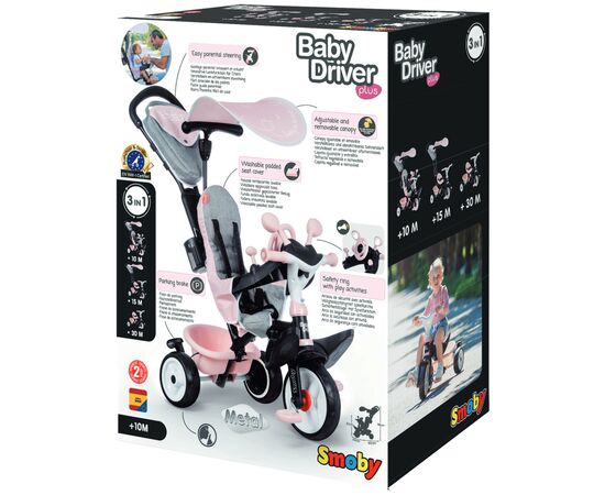 Детский велосипед Smoby Беби Драйвер с козырьком и багажником Розовый (741501), изображение 6 Детский велосипед Smoby Беби Драйвер с козырьком и багажником Розовый (741501), изображение 6