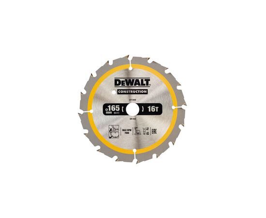 Диск пильний DeWALT CONSTRUCTION 165 х 20 мм, 16z (ATB), 20 градусів (DT1948)