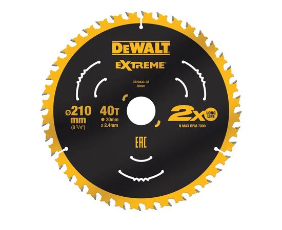 Диск пильный DeWALT EXTREME, 210 х 30 мм, 40z, ATB, 7 градусов, 7000 об/мин. (DT20433)