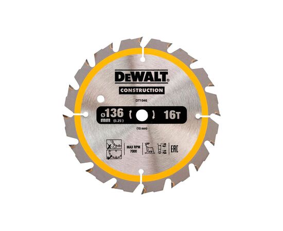 Диск пильний DeWALT СONSTRUCTION , 136 х 10, 16 z, АТВ, 20 градусів (DT1946)