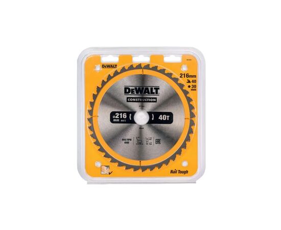 Диск пильный DeWALT СONSTRUCTION , 216 х 30, 40 z, АТВ, -5 градусов, универсальное применение (DT1953), изображение 2 Диск пильный DeWALT СONSTRUCTION , 216 х 30, 40 z, АТВ, -5 градусов, универсальное применение (DT1953), изображение 2