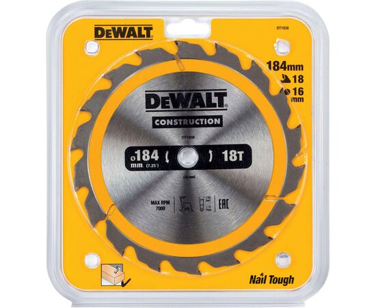 Диск пильний DeWALT СONSTRUCTION, 184 х 16 мм, 18 z, АТВ, 20 градусів (DT1938)