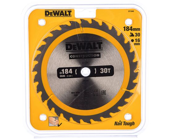 Диск пильний DeWALT СONSTRUCTION, 184 х 16 мм, 30 z, АТВ, 10 градусів (DT1940)
