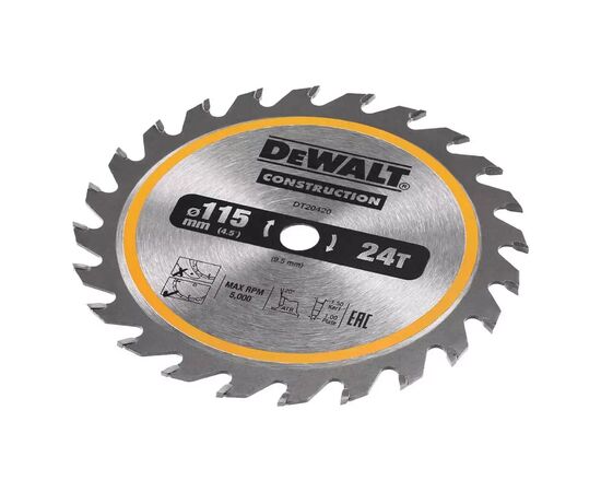 Диск пильный DeWALT универсальный, 115 х 9.5 мм, 24z, TCT, 5000 об/мин (DT20420), изображение 2 Диск пильный DeWALT универсальный, 115 х 9.5 мм, 24z, TCT, 5000 об/мин (DT20420), изображение 2