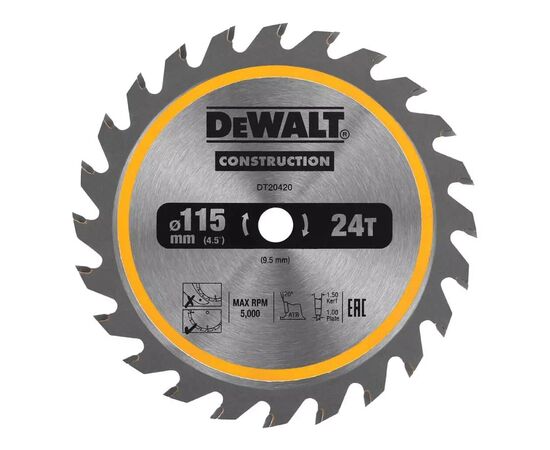 Диск пильний DeWALT універсальний, 115 х 9.5 мм, 24z, TCT, 5000 об/хв (DT20420)