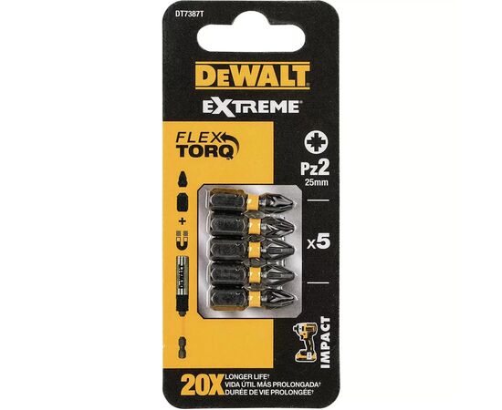 Набор бит DeWALT IMPACT TORSION, ударные, Pozidriv, Pz2, L=25 мм, 5 шт (DT7387T)