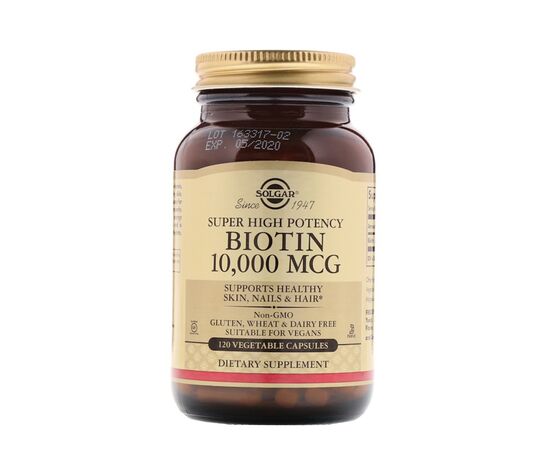 Амінокислота Solgar Біотин (В7) 10000 мкг, Biotin, 120 вегетаріанських капсул (SOL-52392)