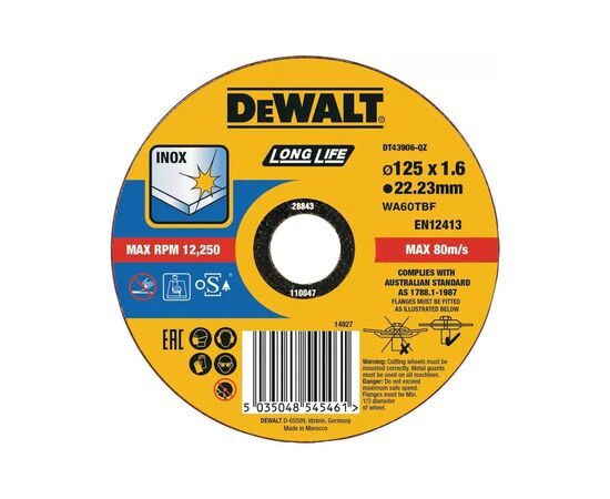 Круг відрізний DeWALT INOX Long Life, нержавіюча сталь/листовий метал, 125х1.6х22.23 мм (DT43906)