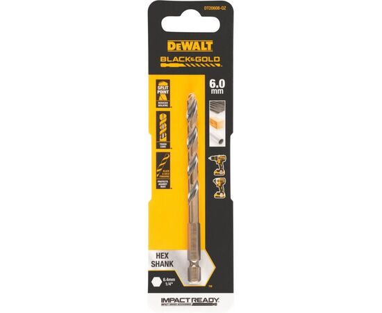 Свердло DeWALT по металу EXTREME IMPACT Black&Gold, HSS-G, 6 х 101,5 х 63 мм, 1 шт. (DT20608)
