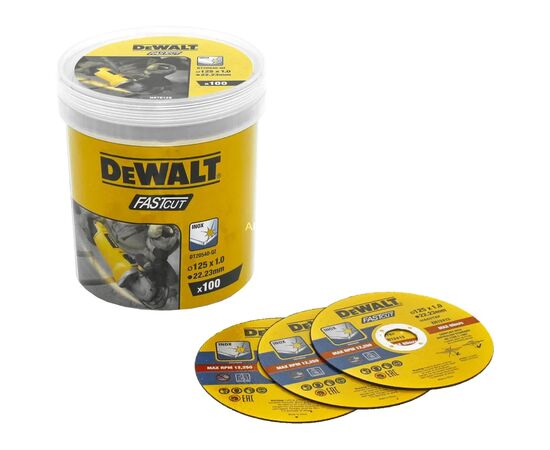 Круг отрезной DeWALT FASTCUT, нержавеющая сталь/листовой металл, 125x1x22,23 мм, 100 шт (DT20540), изображение 2 Круг отрезной DeWALT FASTCUT, нержавеющая сталь/листовой металл, 125x1x22,23 мм, 100 шт (DT20540), изображение 2