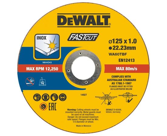 Круг відрізний DeWALT FASTCUT, нержавіюча сталь/листовий метал, 125x1x22, 23 мм, 100 шт (DT20540)