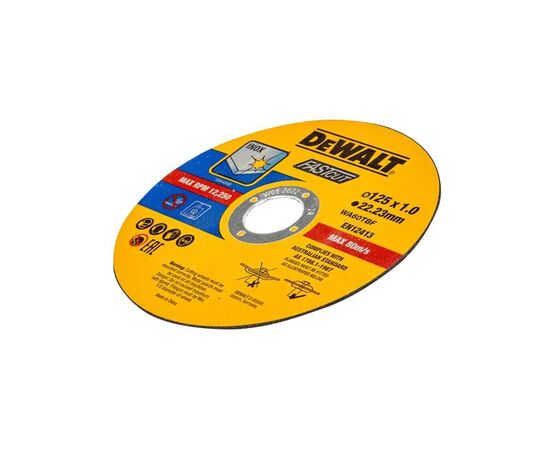 Круг отрезной DeWALT HIGH PERFOR, нержавеющая сталь/листовой металл, 125x1.0x22,23 мм, 10 шт (DT43972), изображение 2 Круг отрезной DeWALT HIGH PERFOR, нержавеющая сталь/листовой металл, 125x1.0x22,23 мм, 10 шт (DT43972), изображение 2