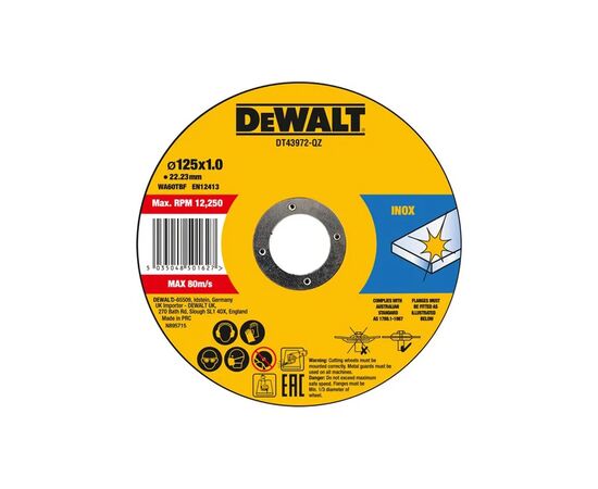 Круг відрізний DeWALT HIGH PERFOR, нержавіюча сталь/листовий метал,125x1.0x22,23 мм, 10 шт (DT43972)