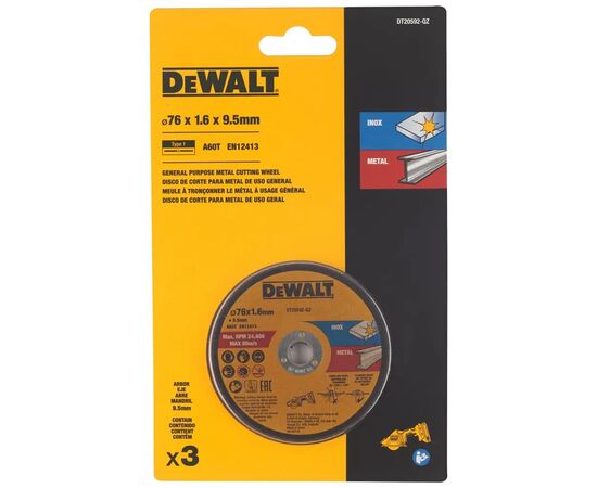 Круг отрезной DeWALT нержавеющая сталь/листовой металл, 76х1,6х9,5 мм. 3 шт. (DT20592), изображение 2 Круг отрезной DeWALT нержавеющая сталь/листовой металл, 76х1,6х9,5 мм. 3 шт. (DT20592), изображение 2