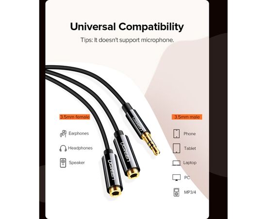 Кабель мультимедийный 3.5mm to TRSx2 M/F 0.25m Ugreen (10739), изображение 4 Кабель мультимедийный 3.5mm to TRSx2 M/F 0.25m Ugreen (10739), изображение 4