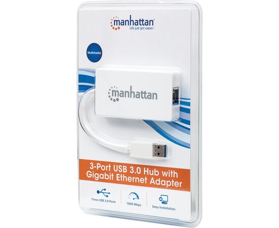 Концентратор Intracom Manhattan Pocket Hub 3-port USB3.0 + RJ45 Gigabit Ethernet White (507578), изображение 4 Концентратор Intracom Manhattan Pocket Hub 3-port USB3.0 + RJ45 Gigabit Ethernet White (507578), изображение 4