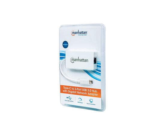 Концентратор Intracom Manhattan Type-C Hub 3-port USB3.0 + RJ45 Gigabit Ethernet White (507608), изображение 4 Концентратор Intracom Manhattan Type-C Hub 3-port USB3.0 + RJ45 Gigabit Ethernet White (507608), изображение 4