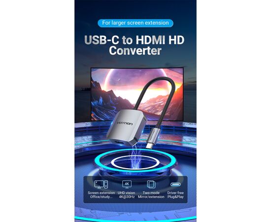 Переходник USB3.1 Type-C to HDMI (F) 4K 30HZ 0.15m Vention (TDEHB), изображение 2 Переходник USB3.1 Type-C to HDMI (F) 4K 30HZ 0.15m Vention (TDEHB), изображение 2