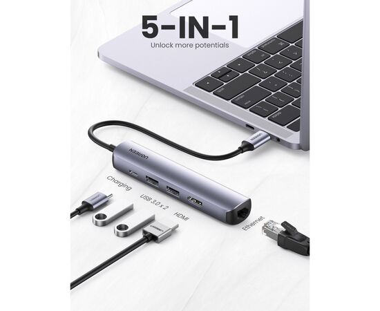 Концентратор Ugreen USB3.0 Type-C to HDMI 4K30Hz/USB 3.0x2/RJ45/PD CM418 (10919), изображение 2 Концентратор Ugreen USB3.0 Type-C to HDMI 4K30Hz/USB 3.0x2/RJ45/PD CM418 (10919), изображение 2