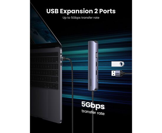 Концентратор Ugreen USB3.0 Type-C to HDMI 4K30Hz/USB 3.0x2/RJ45/PD CM418 (10919), изображение 6 Концентратор Ugreen USB3.0 Type-C to HDMI 4K30Hz/USB 3.0x2/RJ45/PD CM418 (10919), изображение 6