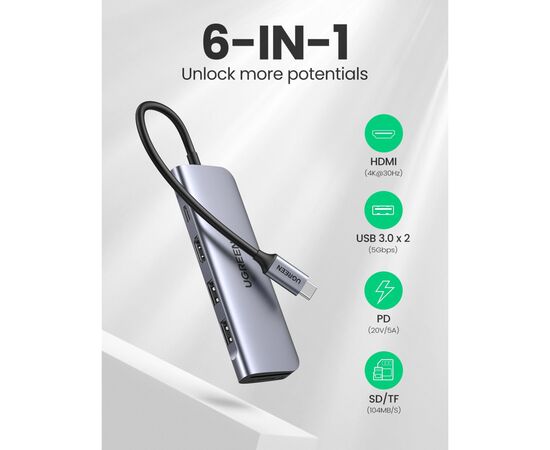 Концентратор Ugreen USB3.0 Type-C to HDMI/SDTF/USB 3.0x2/PD CM195 (70411), изображение 2 Концентратор Ugreen USB3.0 Type-C to HDMI/SDTF/USB 3.0x2/PD CM195 (70411), изображение 2