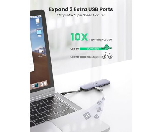Концентратор Ugreen USB3.0 Type-C to HDMI/USB 3.0x3/HDMI/Type-c PD CM285 (70408), изображение 3 Концентратор Ugreen USB3.0 Type-C to HDMI/USB 3.0x3/HDMI/Type-c PD CM285 (70408), изображение 3