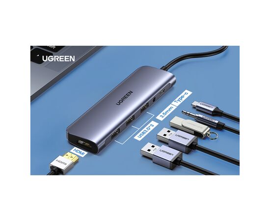 Концентратор Ugreen USB3.0 Type-C to USB 3.0x3/HDMI/jack 3.5mm/PD CM136 (80132), изображение 2 Концентратор Ugreen USB3.0 Type-C to USB 3.0x3/HDMI/jack 3.5mm/PD CM136 (80132), изображение 2