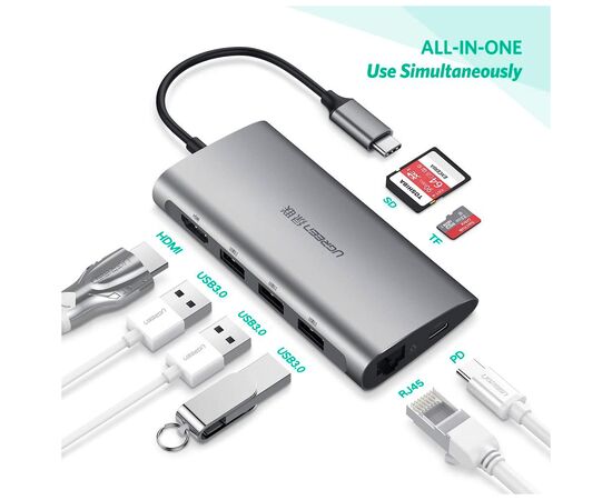 Концентратор Ugreen USB3.0 Type-C to USB 3.0x3/HDMI/RJ45/SDTF/PD CM121 (50538), изображение 5 Концентратор Ugreen USB3.0 Type-C to USB 3.0x3/HDMI/RJ45/SDTF/PD CM121 (50538), изображение 5