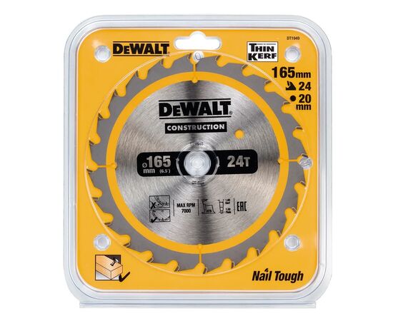 Диск пильный DeWALT CONSTRUCTION 165 х 20 мм, 24z (ATB), 20 гр. (DT1949), изображение 2 Диск пильный DeWALT CONSTRUCTION 165 х 20 мм, 24z (ATB), 20 гр. (DT1949), изображение 2
