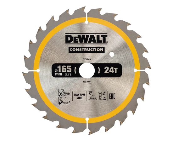 Диск пильний DeWALT CONSTRUCTION 165 х 20 мм, 24z (ATB), 20 гр. (DT1949)