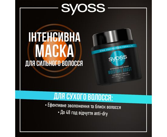 Маска для волос Syoss Moisture Boost Интенсивная для сухих волос 500 мл (9000101631685), изображение 5 Маска для волос Syoss Moisture Boost Интенсивная для сухих волос 500 мл (9000101631685), изображение 5
